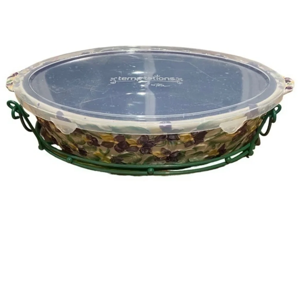 Temptation By Tara Violet Figural Floral Ceramic Bakeware With Lid and Wire Rack
